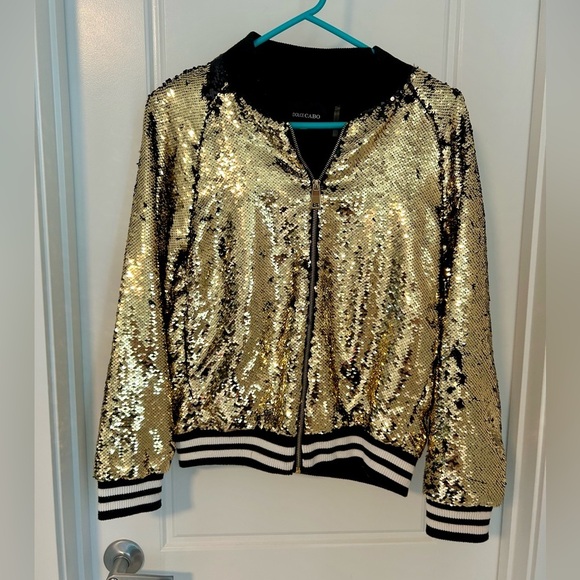 Dolce Cabo Black + Gold Sequin Women's Zipup Jacket - Picture 2 of 6